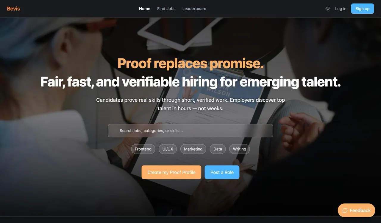 Bevis in November 2025: a dark hero reading 'Proof replaces promise. Fair, fast, and verifiable hiring for emerging talent', with a job search box.