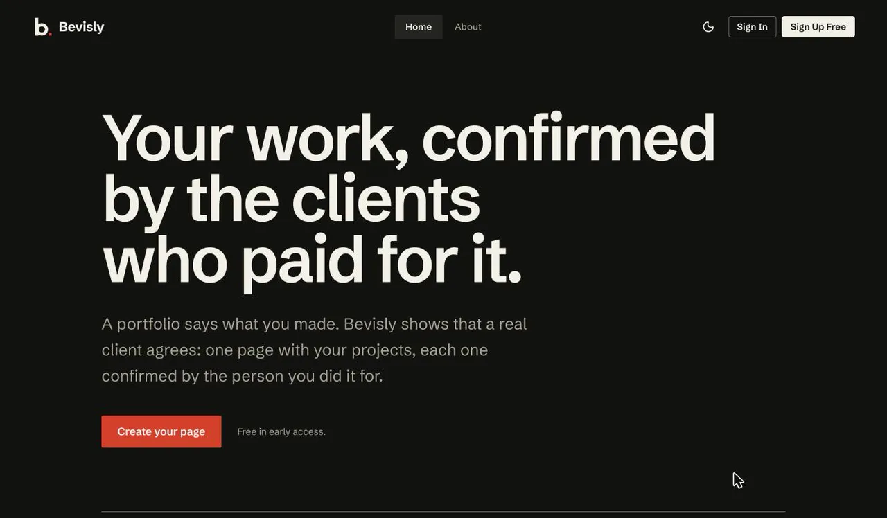 Bevisly in October 2026: 'Your work, confirmed by the clients who paid for it.' with a Create your page button.