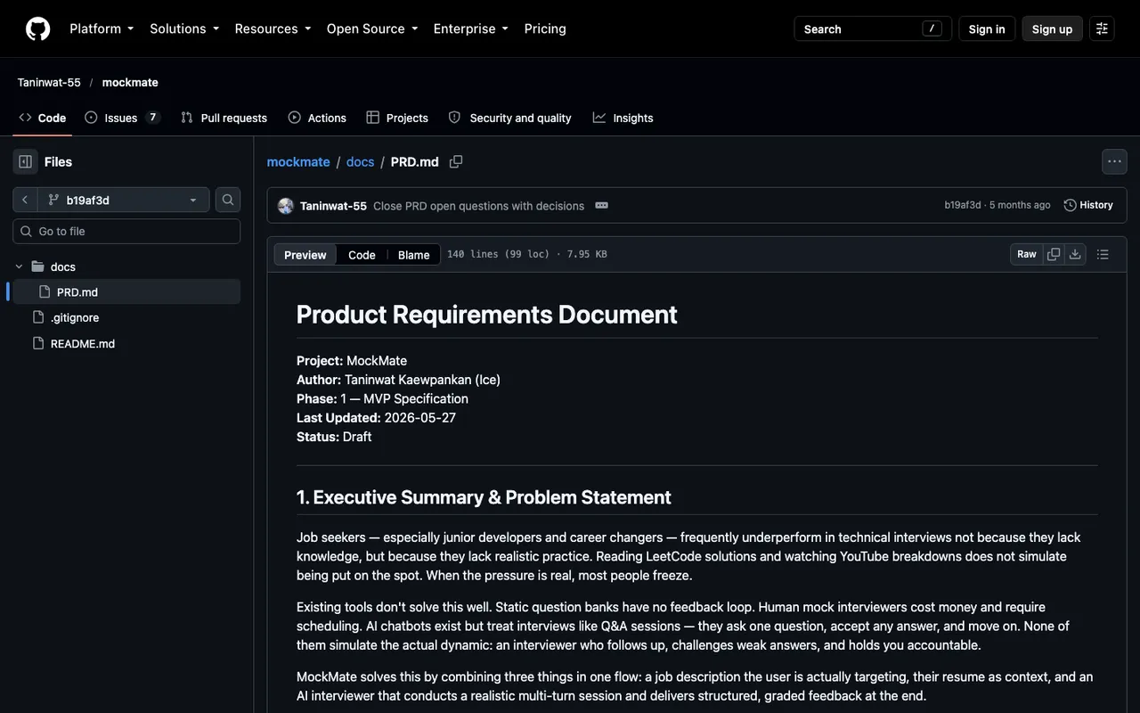 MockMate's product requirements document on GitHub, dated 27 May 2026, opening with the problem statement.