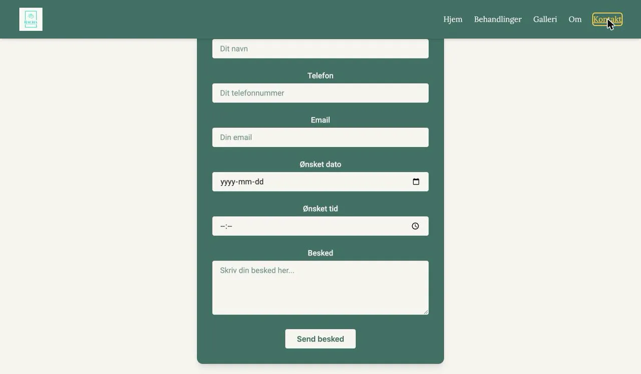 Racha's contact form: name, phone, email, preferred date and time, message and a Send button, on the site's green.