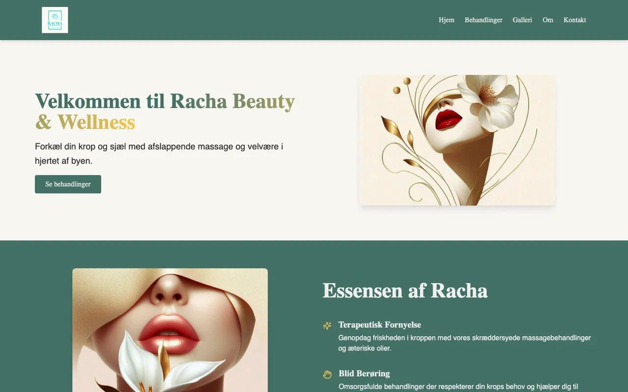 Racha Beauty & Wellness in June 2025: a green header, the welcome headline and an illustrated portrait.