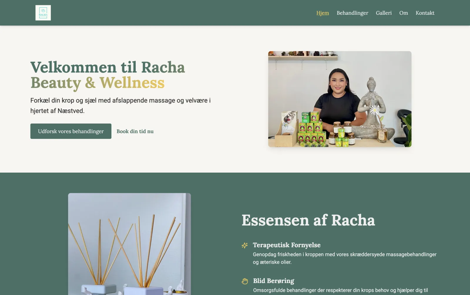 Racha Beauty & Wellness today: the welcome headline beside a photo of Racha in her studio.