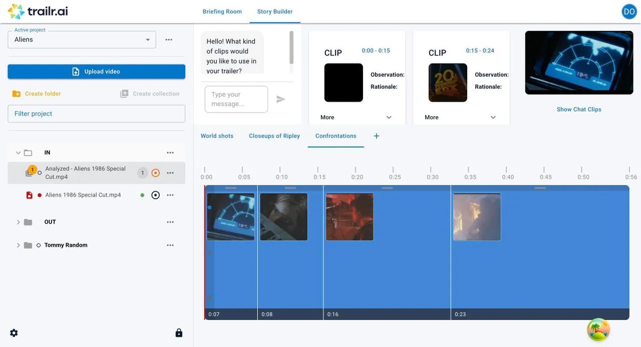 Trailr AI's Story Builder in September 2025: a file tree on the left, a chat box and clip cards on top, and a blue timeline of four clips below.