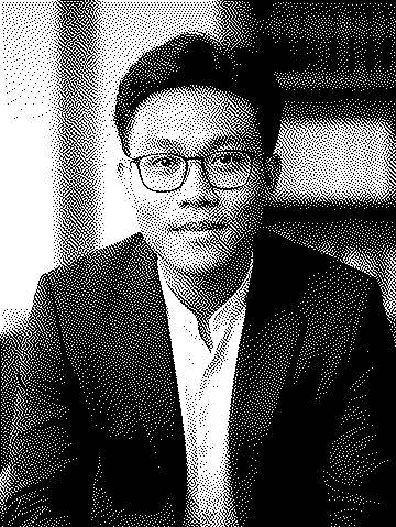 Ice, dithered in black and white: glasses, a dark blazer over a light shirt, a small smile.